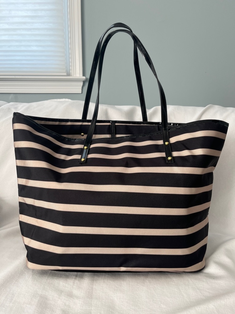 Classic Black & Beige Striped Tote Bag with Slim Handles